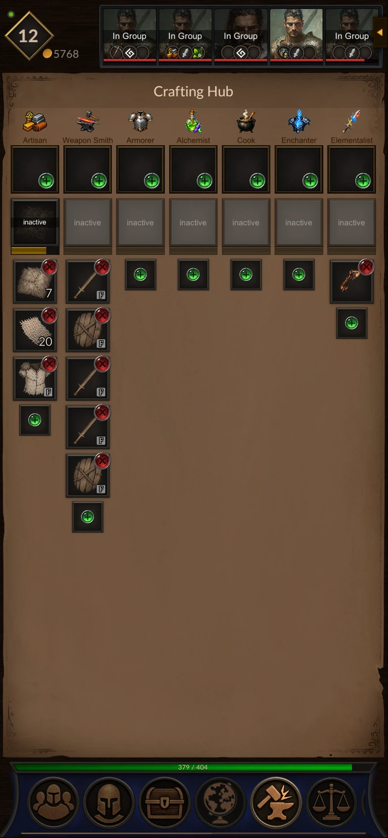 Crafting professions and their equipment and material queues.